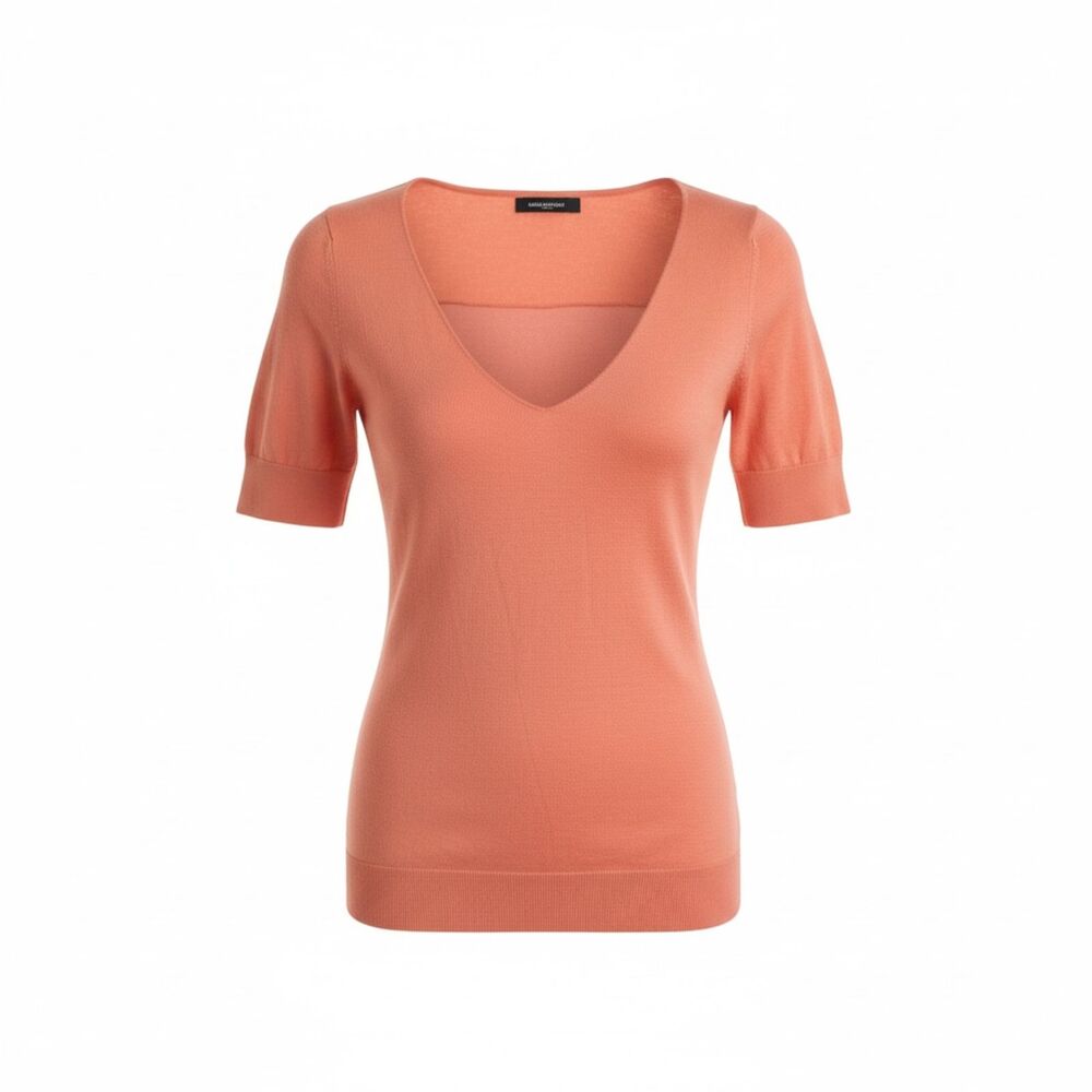 Emporio Armani V-Neck Short Sleeve Knit Coral Sweater Top - Women's 44 / US 8